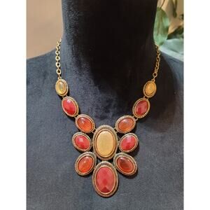 Liz Claiborne Women's Gold Tone Red Gem Statement Necklace With Lobster Claw